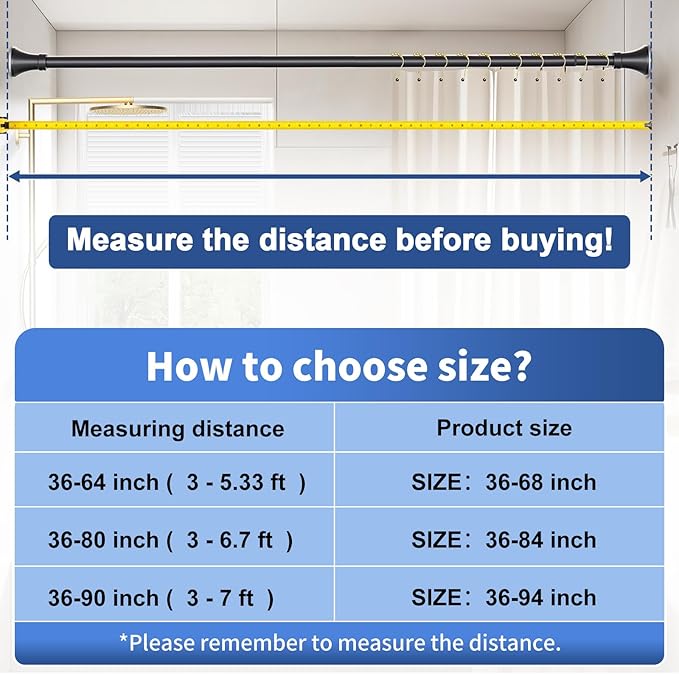 YNL Matte Black Shower Curtain Rod 36-94 Inch(3-7.8ft), No Slip No Drill No Rust Shower Rod For Bathroom Window Patio, Adjustable Spring Long Tension Rod