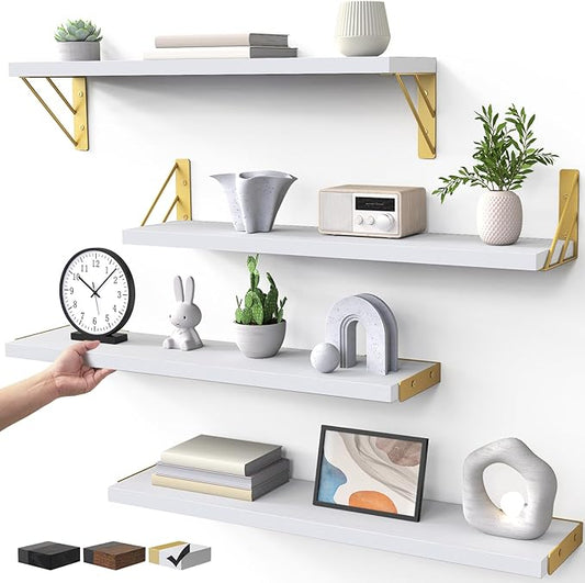 BAYKA Wall Shelves for Bedroom Decor, Floating Wall Shelf for Living Room Kitchen Storage, Mounted Rustic Wood Shelves for Kids Books, Corner Shelf for Bathroom(White and Goldï¼23inï¼Set of 4)