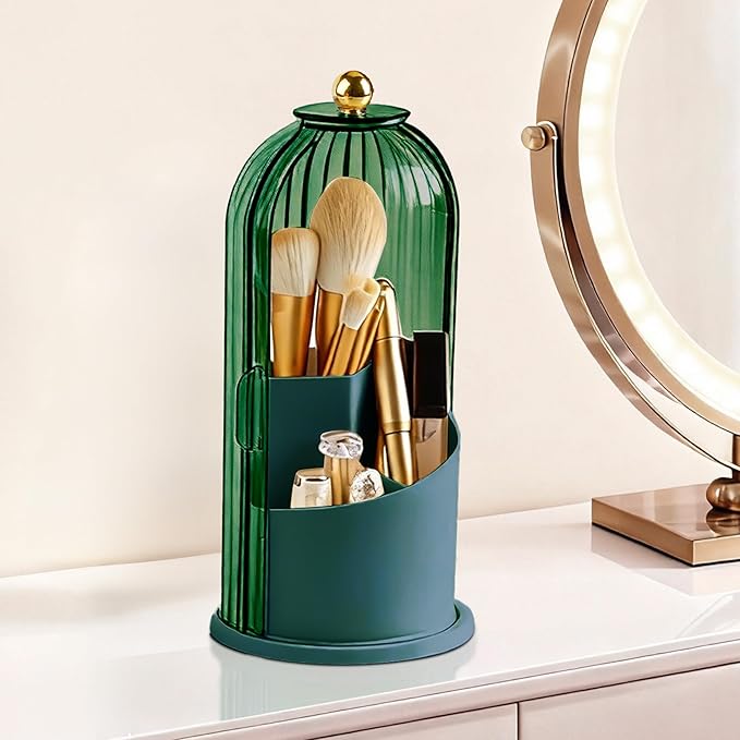 360Â° Rotating Makeup Brush Holder with Lid, Waterproof Three-Compartment Makeup Organizer, 180Â° Side-Pull Door Desk Organizer, Dustproof Brush Holder for Vanity and Bathroom (Green)