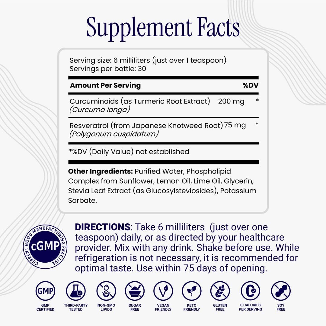Liposomal Curcumin + Resveratrol (1 Pack) – Ultra High Absorption Liquid Curcumin Supplement – Promotes Joint Comfort, Mobility, Cellular Health and Overall Well-Being