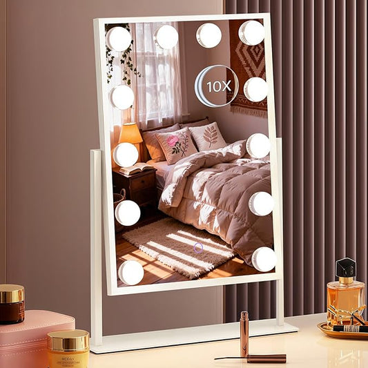 Hollywood Vanity Mirror with Lights, 14" x 19" Lighted Makeup Mirror with 3 Color Lights & Adjustable Brightness, 360Â° Swivel, Women's LED Mirror for Bedroom College Dorm for Desk