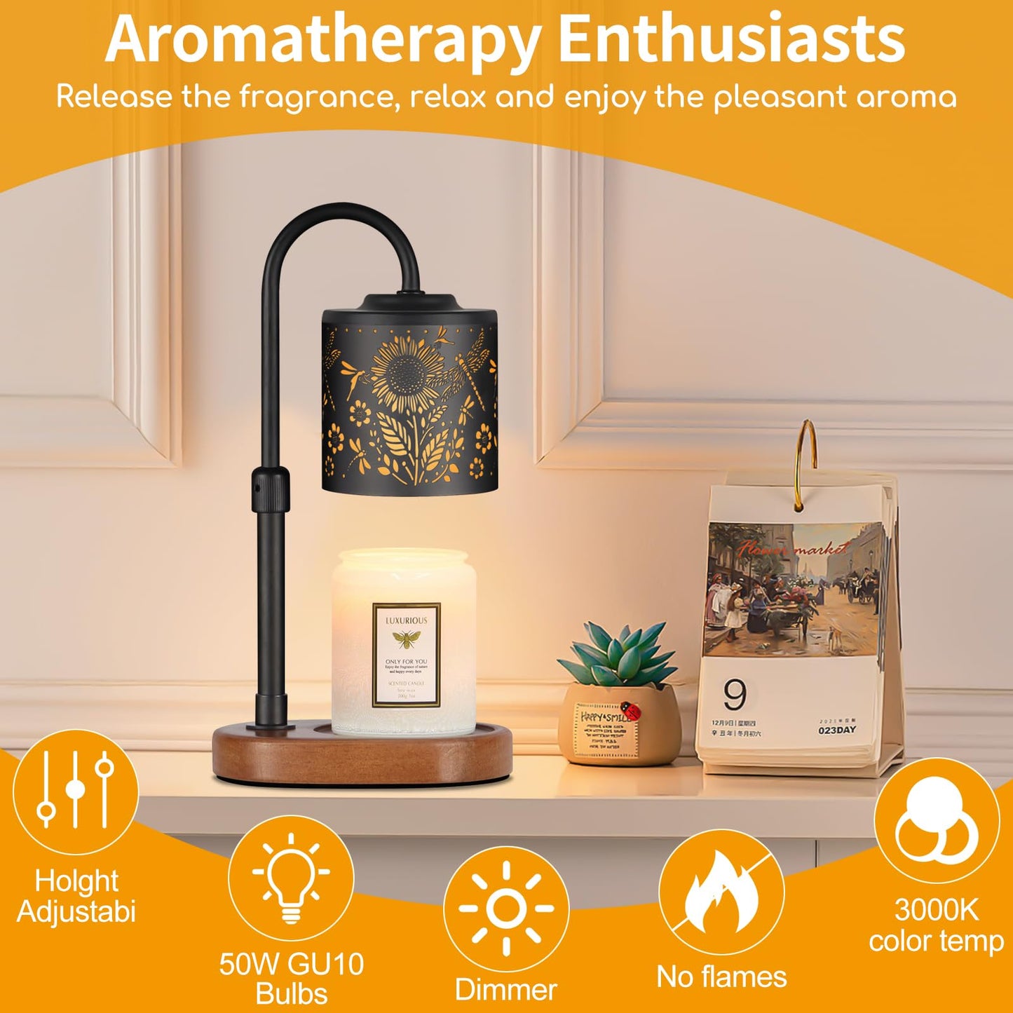 Dimmable Candle Warmer Lamp with Timer Adjustable Height for Scented Jar Candles Electric Candle Wax Melt Warmer for Home Decor Christmas Birthday Gifts for Women Mom(Sunflower+Dragonfly)