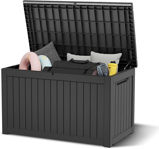 240 Gallon Outdoor Storage Box, Resin Deck Boxes Outdoor Waterproof For Patio Furniture, Garden Tools, Pool Supplies, Lockable And UV Resistant (Striped Black)
