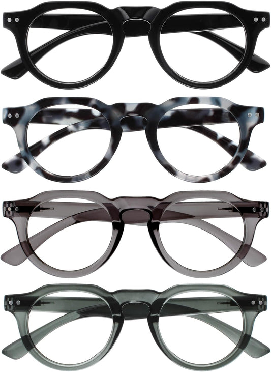 OPULIZE RIO Reading Glasses with Blue Light Blocking for Women and Men, Flat Top Frame with Spring Hinges, Computer gaming glasses, Black, Blue Tort, Dark Green, Mid Grey +2 (Pack of 4)