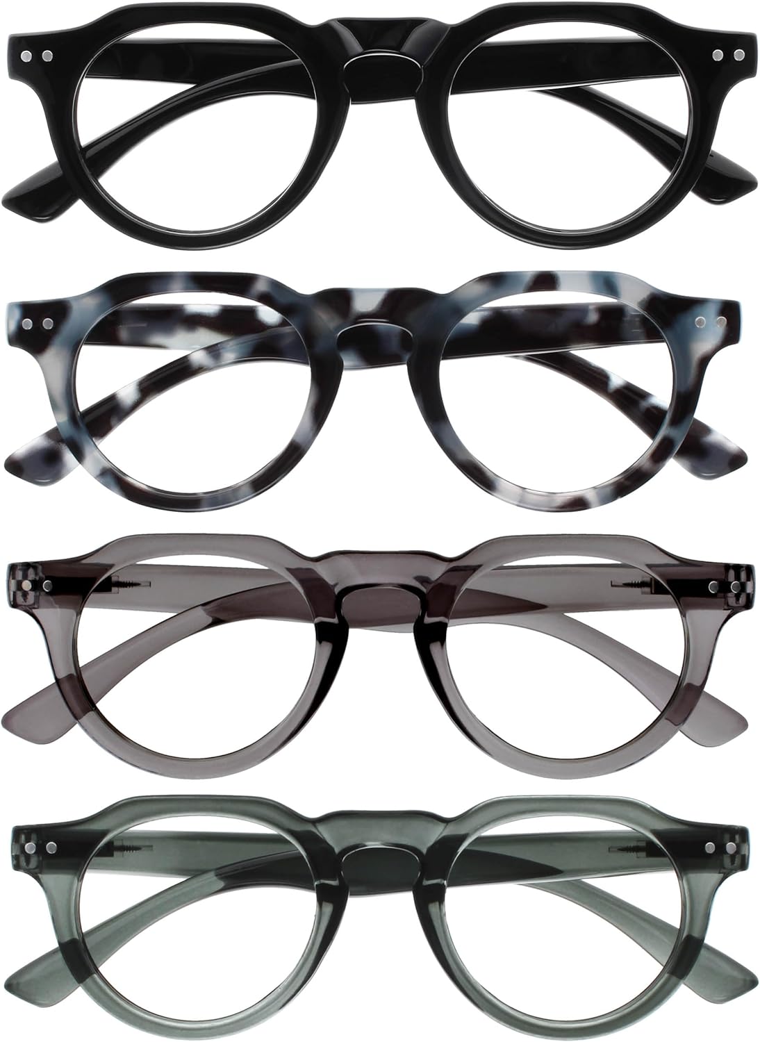 OPULIZE RIO Reading Glasses with Blue Light Blocking for Women and Men, Flat Top Frame with Spring Hinges, Computer gaming glasses,Black, Blue Tort, Dark Green, Mid Grey +3 (Pack of 4)