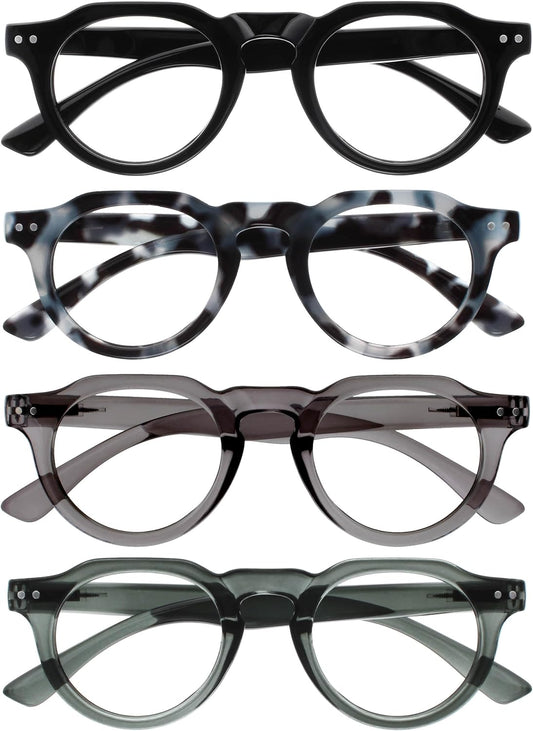 OPULIZE RIO Reading Glasses with Blue Light Blocking for Women and Men, Flat Top Frame with Spring Hinges, Computer gaming glasses,Black, Blue Tort, Dark Green, Mid Grey +3 (Pack of 4)