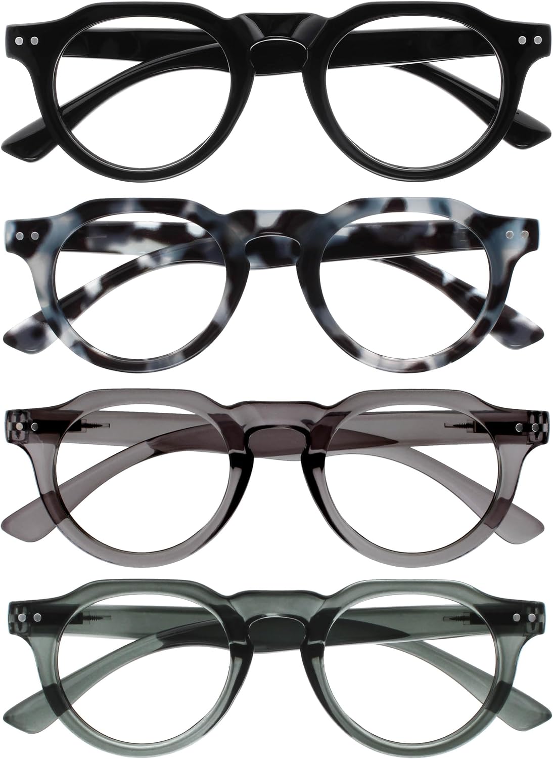 OPULIZE RIO Reading Glasses with Blue Light Blocking for Women and Men, Flat Top Frame with Spring Hinges, Computer gaming glasses, Black, Blue Tort, Dark Green, Mid Grey +1 (Pack of 4)