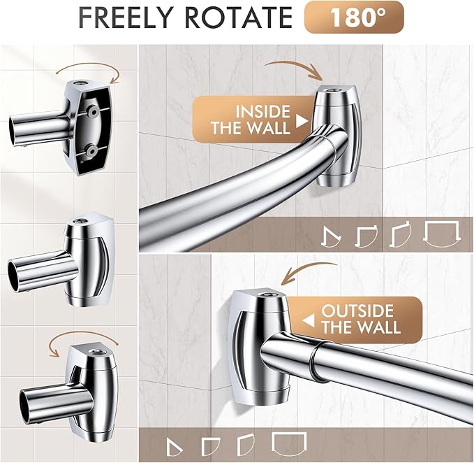 Bonpally Curved Shower Curtain Rod for Bathroom, 40-72 Inches Adjustable Curved Shower Rod, 0.9MM Rustproof Shower Curtain Rod with Rotating Brackets for Extra Shower Space, Need to Drill, Chrome