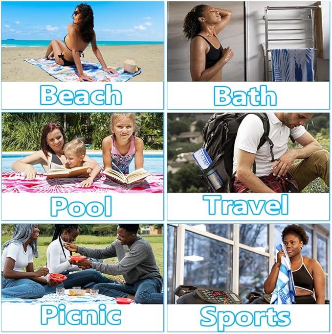 Widdonen Microfiber Lightweight Thin Beach Towel Sand Free Quick Dry Absorbent Compact Towels for Swimming Pool Camping Beach Accessories Large Easy Pack Travel Things for Vacation Essentials Gift