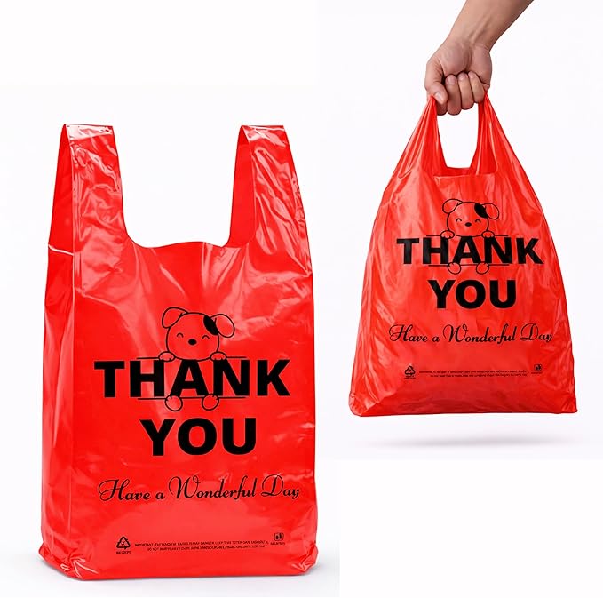 YoYoRain Red Thank you T shirt bag, Grocery shopping bag Reusable and Disposable Supermarket Bag 11''x6''x21'' 100PCS