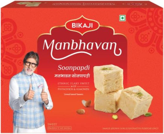 Bikaji Soan Papdi Manbhawan 17.6 oz (500 g), Indian Sweets, Traditional Indian Flaky Sweet with Almonds and Pistachios, Light Melt in Mouth Mithai Dessert, Ready to Eat Box, Perfect for Gifting, Festivals & Celebrations