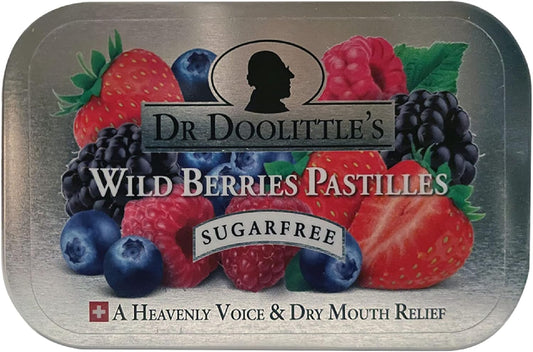Dr. Doolittle’s Sugar Free Soft Fruit Pastilles for Voice and Throat, Wild Berries Flavor, 2.12 Ounce Tin, approximately 25 Count Package