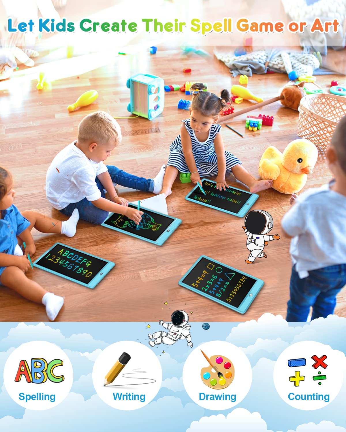 FLUESTON LCD Writing Tablet, Doodle Board Toys Gifts for 3-8 Year Old Girls Boys, 10 Inch Colorful Electronic Board Drawing Pad for Kids, Gifts for Toddler Educational Learning Travel Birthday, Blue