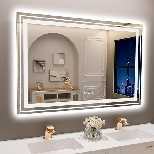 LED Bathroom Mirror, 60"x 30" with Front and Backlit, Anti-Fog, Large Bathroom Vanity Mirror for Wall, Memory Function, Stepless Dimmable, Tempered Glass (Horizontal/Vertical)