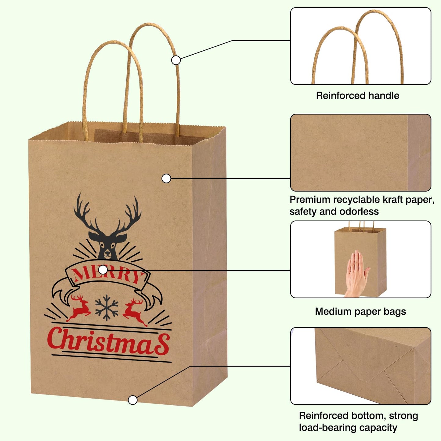 OUTUXED 150pcs Brown Paper Gift Bags, 8x4x10in Brown Kraft Paper Bags with Handles Bulk Medium Size for Retail, Shopping, Wedding, Favor, Birthday Party, Business, Grocery
