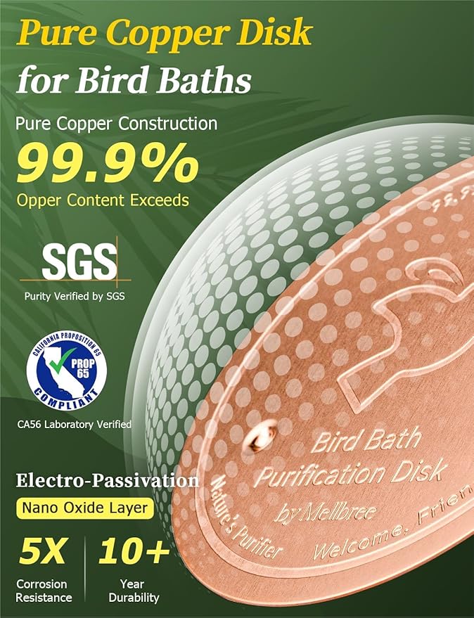 Mellbree 4-Pack Premium Copper Cleaning Discs, 0.6mm Thick 99.99% Pure Copper with Stable Triple-Point Support, All-Season Physical Water Care for Bird Baths