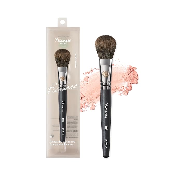 Piccasso 108 Blusher Brush â Soft Gray Squirrel Hair for Smooth and Natural Cheek Makeup, Fluffy Powder Applicator with Excellent Color Payoff, Small Face Brush for Daily Use, Professional Beauty