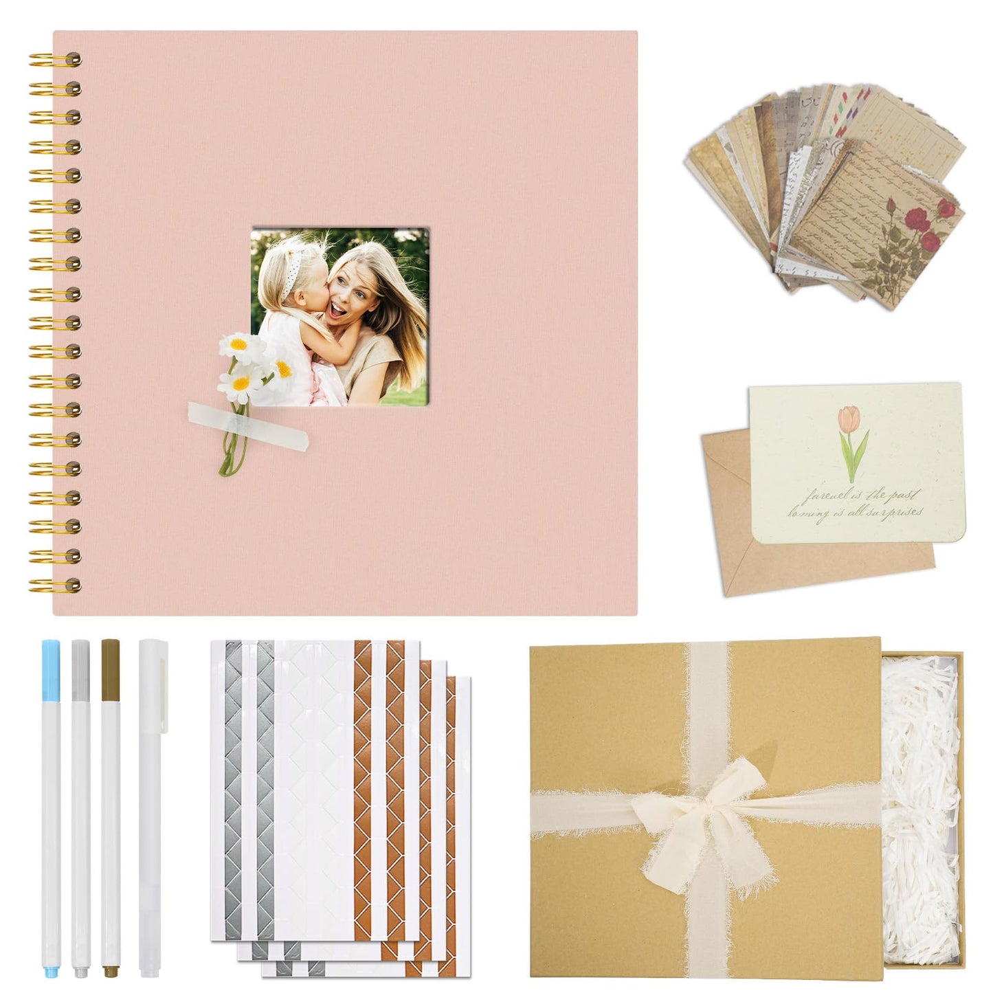 Vienrose 10 x 10 Inch Scrapbook Album Gift Set, Linen Hardcover Photo Book with 40 White Pages, DIY Memory Book Kit with Accessories for Wedding, Baby Shower, Travel, Christmas (Pink, 20 Sheets)