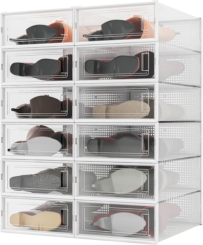 PARANTA 12-Piece Boot and Shoe Storage Box, Stackable Clear Plastic Shoe Box, Space-Saving Shoe Organizer for Boots, Sneakers, and High Heels, Clear