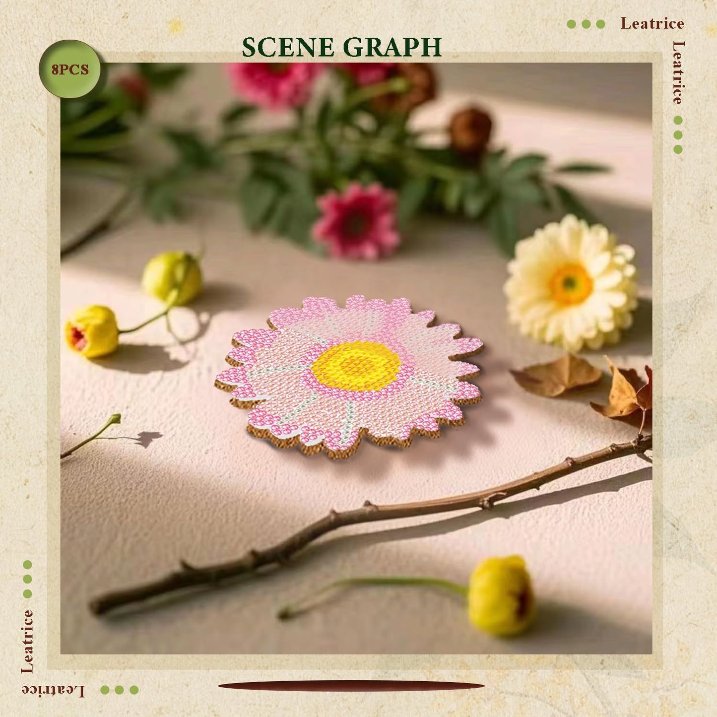 Leatrice 8PCS Flower Diamond Art Coasters Small Diamond Painting Kits for Adults Beginners Women Gem Art Coasters with Holder Funny DIY Crafts for Home Decor