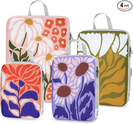 Gonex Compression Packing Cubes, 4pcs Expandable Storage Travel Luggage Bags Organizers, Travel Cubes for Suitcase Carry On (Flowers)