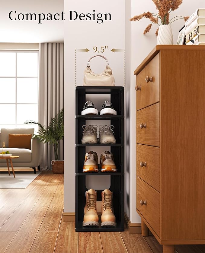 HAIXIN Shoe Organizer Rack for Small Spaces 5 Tier Plastic Vertical Narrow Shelves for Closet Black Shoe Holder, Stand for Entryway Storage Boots Organizer Stackable Cabinet