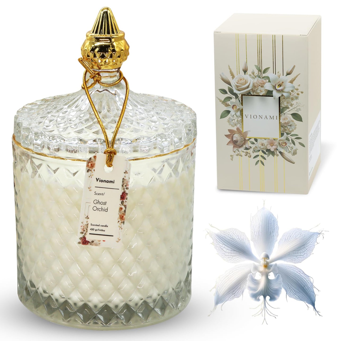 VIONAMI Luxury Scented Candle Gift – Ghost Orchid Rare Flower Fragrance in Elegant Glass Jar, Decorative Soy Candles Gifts for Women, Long-Lasting 80 Hr, 14.8 oz, Luxury Candles for Women