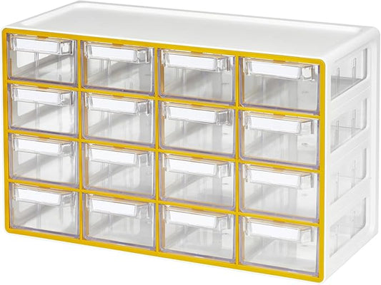 Blue Ginkgo Medium 16-Drawer Cabinet â Stackable Clear Organizer for Hardware, Beads, Plastic Bricks, Office, and Craft Storage (Made in Korea, Yellow)