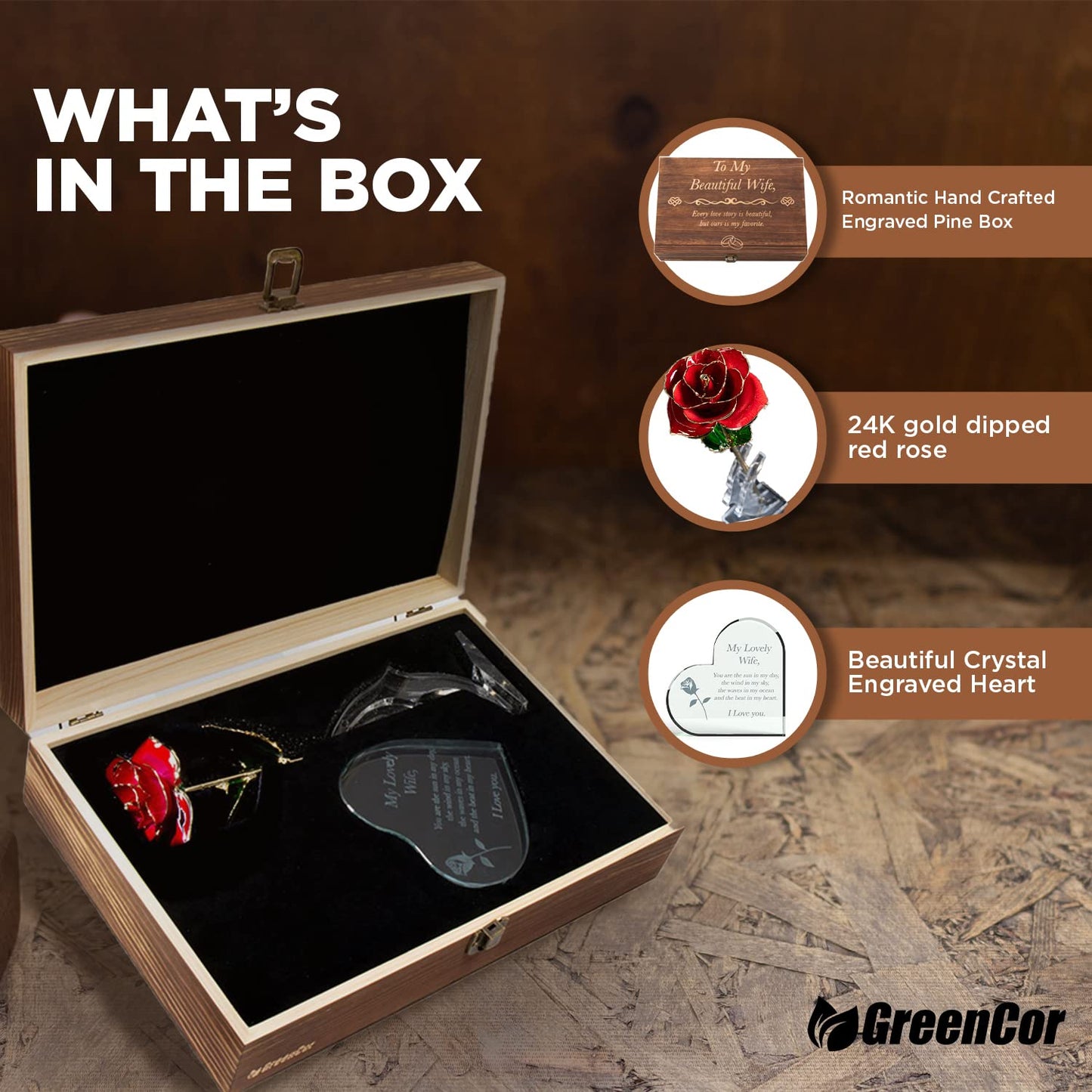 GreenCor Anniversary for Wife Engraved Wooden Gift Set 'To My Beautiful Wife' Includes Crystal Engraved Heart 24K Gold Dipped Rose for Birthday Gifts