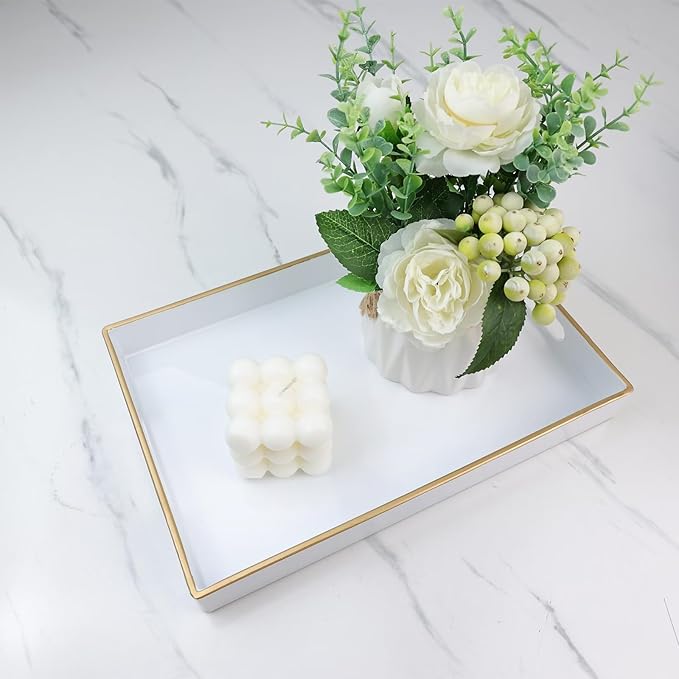 Spsyrine White Bathroom Vanity Tray with Handles for Dresser Tops, Countertop, Perfume Decorative Tray, 11.8â * 7.87â *1.37â
