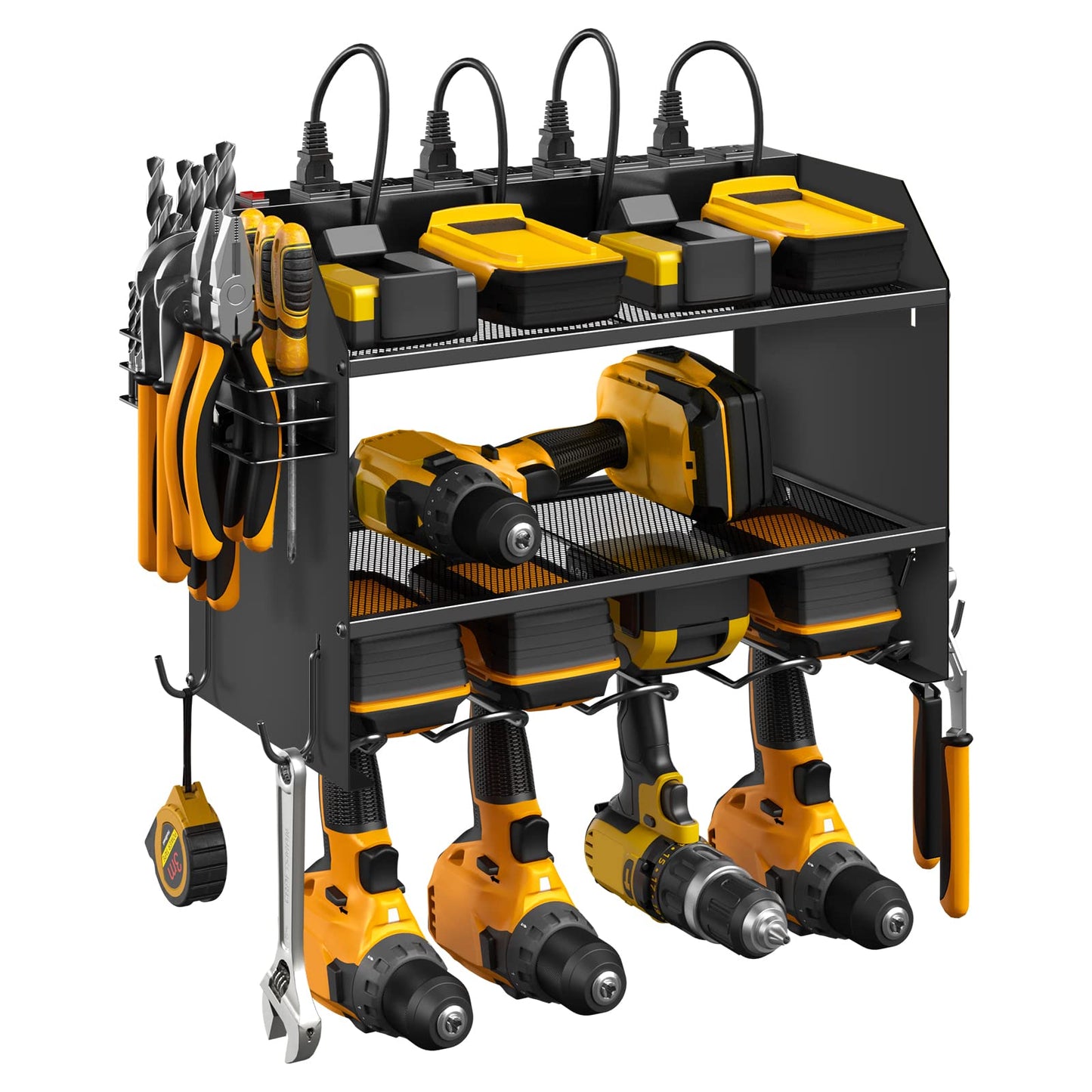 CCCEI Modular Power Tool Organizer Wall Mount with Charging Station. Garage Drill Storage Shelf with Hooks, Heavy Duty Rack, Tool Battery Holder Built in 8 Outlet. Gift for Men. Black, 2 Pack.