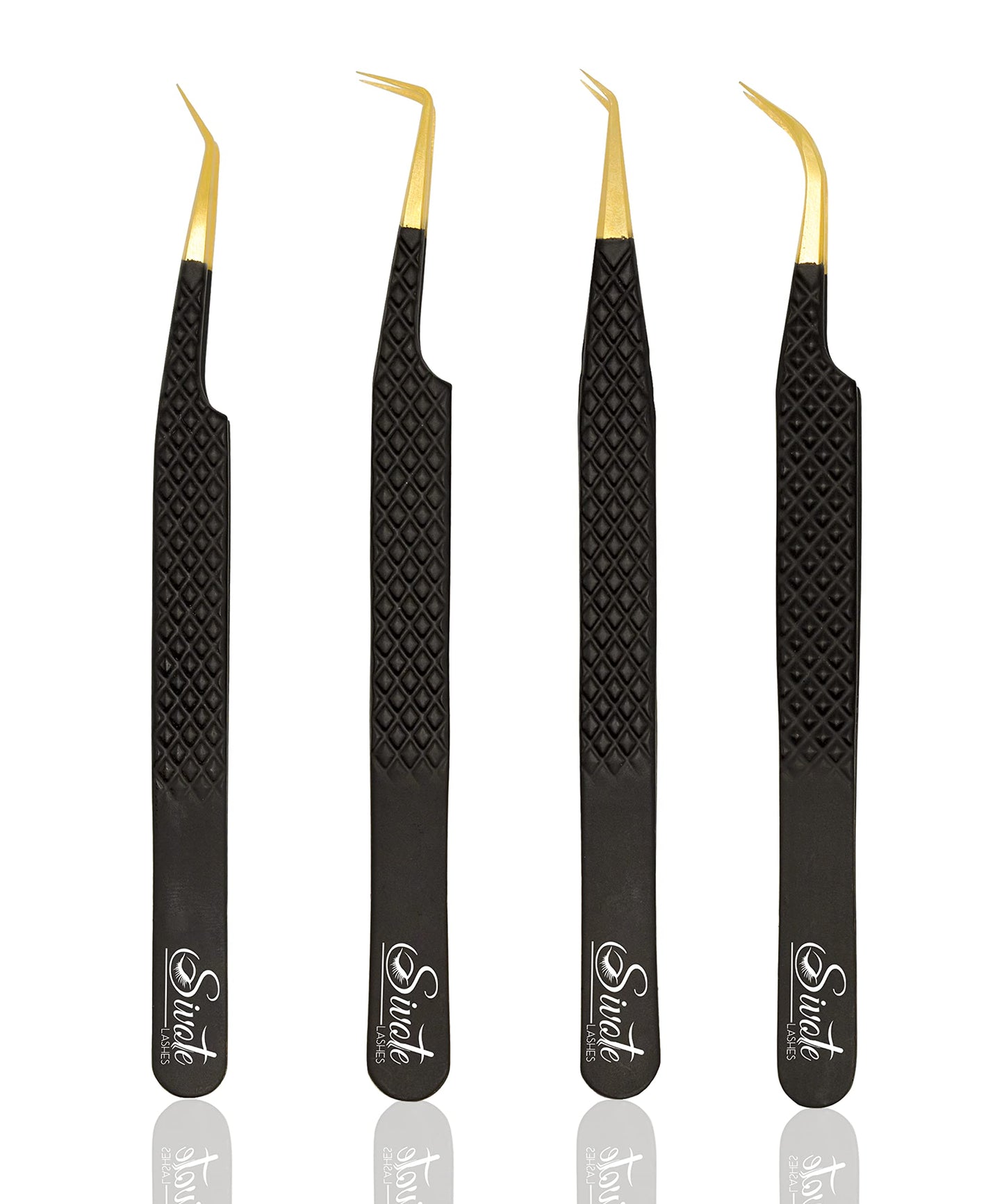 SIVOTE Fiber Tip Lash Tweezers for Eyelash Extensions with Diamond Grip, Black, Set of 4 - Precise Tips Japanese Steel for Classic, Volume & Mega Volume Lashes, Anti-Rust - Ideal for Lash Artists