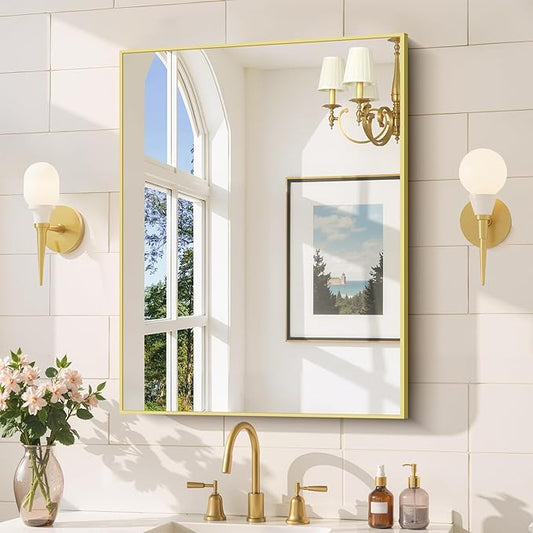 Gold Bathroom Mirror for Wall, 24x32 Inch Rectangle Mirror with Metal Frame, Modern Vanity Mirrors for Bathroom Living Room, Entryway Hangs Horizontal or Vertical