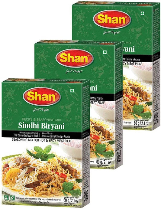Shan Sindhi Biryani Recipe & Seasoning Mix (60g) - Spice Packets for Hot & Spicy Meat Pilaf - Indian Rice Seasoning with Turmeric, Garlic & Chili Powder – Perfect for Vegetarian (Pack of 3)