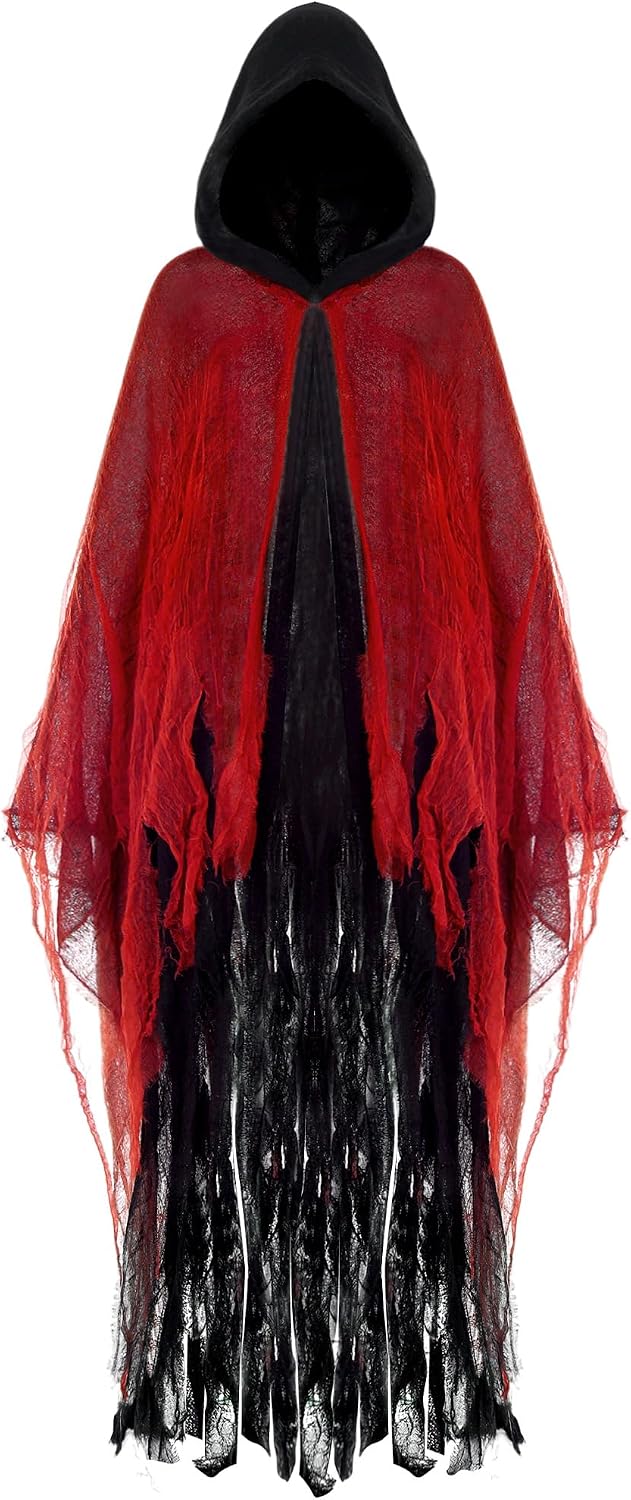 Geyoga Grim Reaper Costume Scary Hooded Cape Witch Costume Hooded Cape for Adult Women Man Cosplay Props