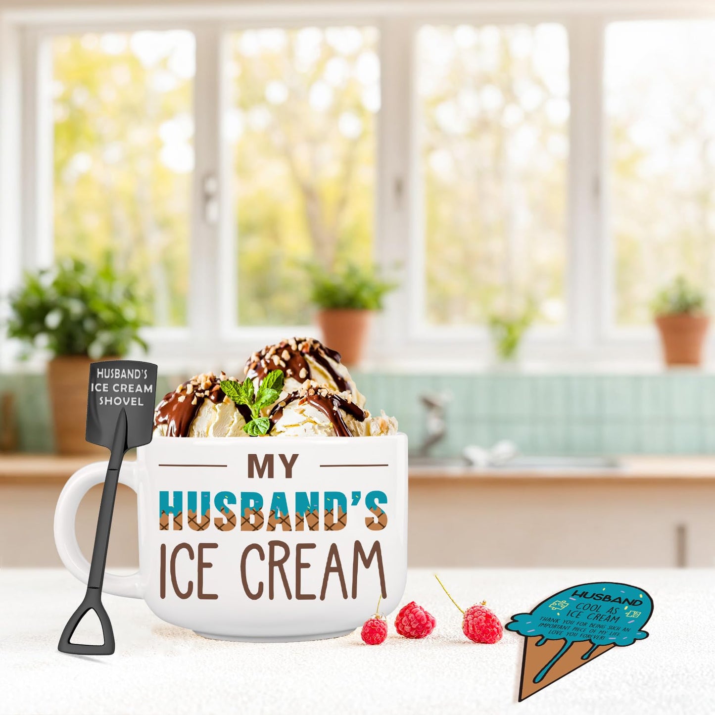 BackURyear Husband Birthday Gifts from Wife, Fathers Day Husband Gifts, Romantic Gift for Anniversary, Novelty Ice Cream Ceramic Bowl with Shovel Spoon Set