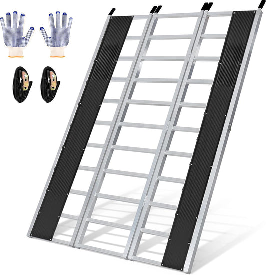 KROAK Aluminum Snowmobile Loading Ramp, 7.1 ft x 4.5 ft (85" x 54") Ultra-Wide Tri-Fold Ramp with Ski Guides, 1800LBS Max Capacity for Snowmobile ATV UTV Lawn Tractor