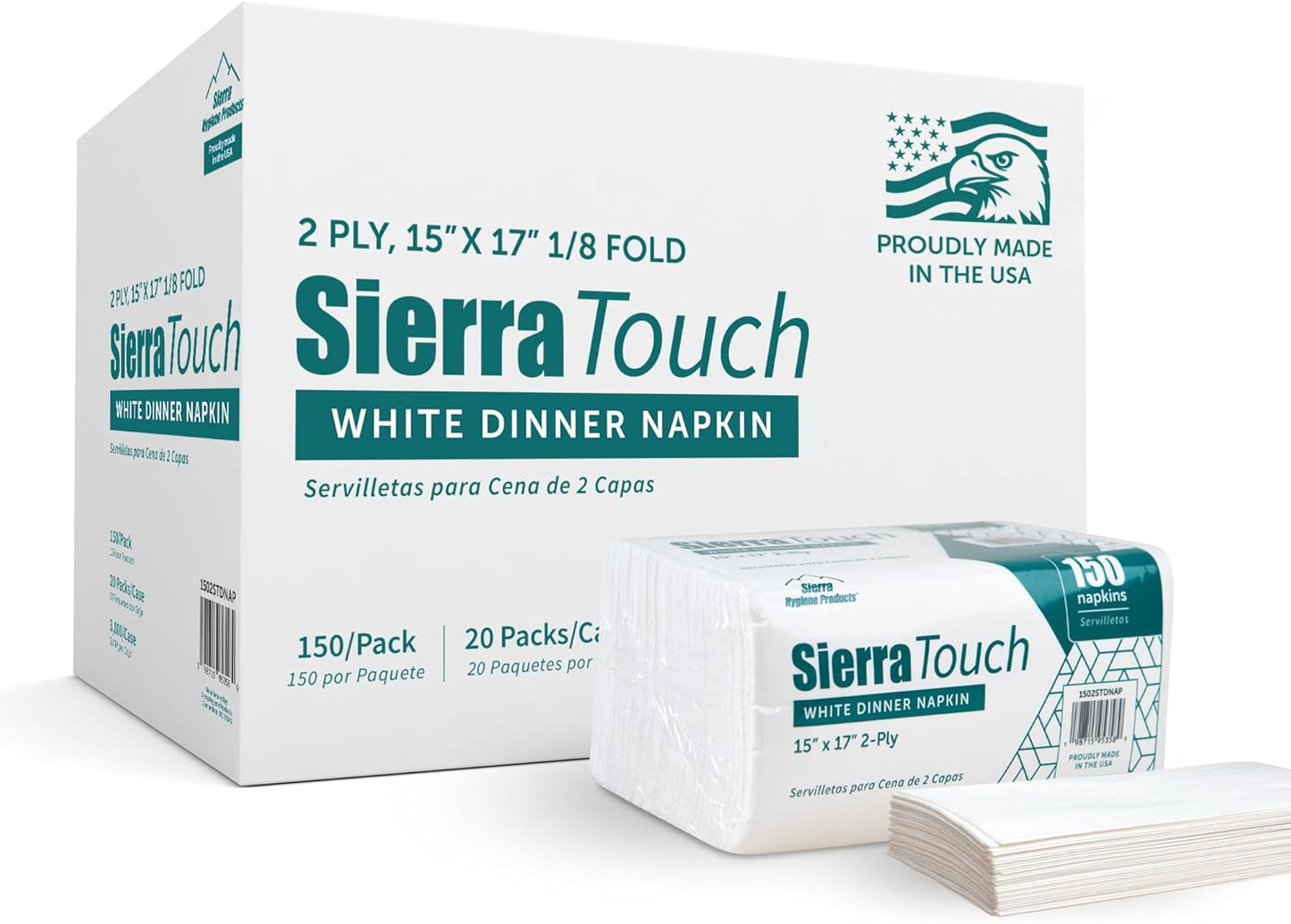 3000 Count White Dinner Napkins, 2-Ply Disposable Paper Napkins, 15” x 17”, Bulk Commercial Restaurant Napkins, 1/8 Fold, Soft & Absorbent, Made in USA, 20 Packs of 150 – Sierra Touch