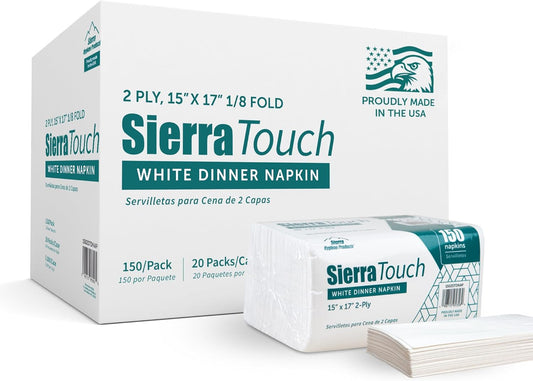 3000 Count White Dinner Napkins, 2-Ply Disposable Paper Napkins, 15” x 17”, Bulk Commercial Restaurant Napkins, 1/8 Fold, Soft & Absorbent, Made in USA, 20 Packs of 150 – Sierra Touch