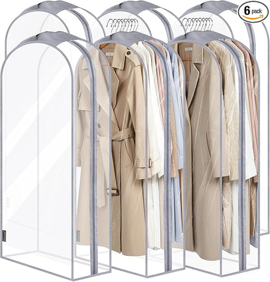 BALEINE 48'' Clear Garment Bags, 10.5'' Wide PEVA Suit Bag for Closet Clothes Dresses Suit Coats Storage (Clear, 6PK)