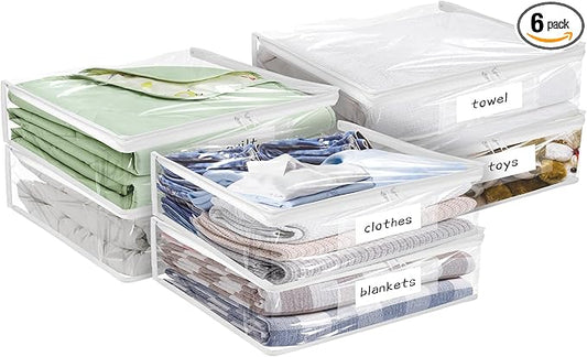 Plastic Storage Bags with Easy-Glide Zipper, Pack of 6, Durable Clear Vinyl Zippered Storage Bags for Clothes Sweaters Comforters Blankets Sheets Bedding (14.2 x 12 x 3.2 Inch)