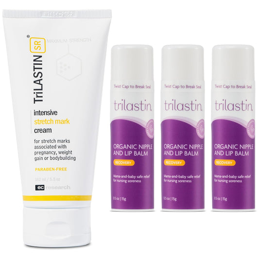 TriLASTIN-SR Intensive Stretch Mark Cream (5.5oz) Bundle with Nipple & Lip Balm (3pk) | Fast-Acting Stretch Marks Cream with Absorption Enhancing Serum | Breastfeeding & Ingesting Safe Balm