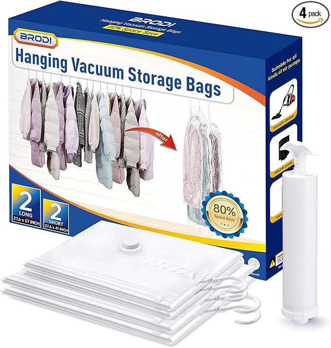 Hanging Vacuum Storage Bags For Clothes With Hand Pump,Coat Storage Bag Hanging,Vacuum Bags For Clothes,Space Saver Vacuum Storage Bags,Garment, Clothing, Dress, Suit, Long Coat, Jacket(Combo 4 Packï¼