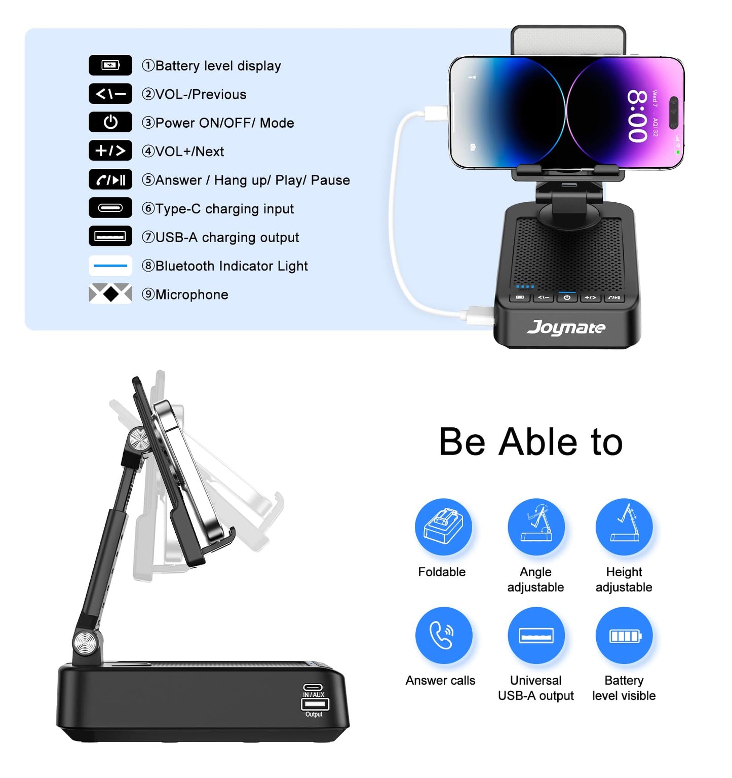 Joymate Gifts for Men Women, Phone Stand with Bluetooth Speaker and Charging Function 360° Rotable Angel Adjustable Cell Phone Holder with HD Stereo Sound Fits All Phones,Tablet (Black)