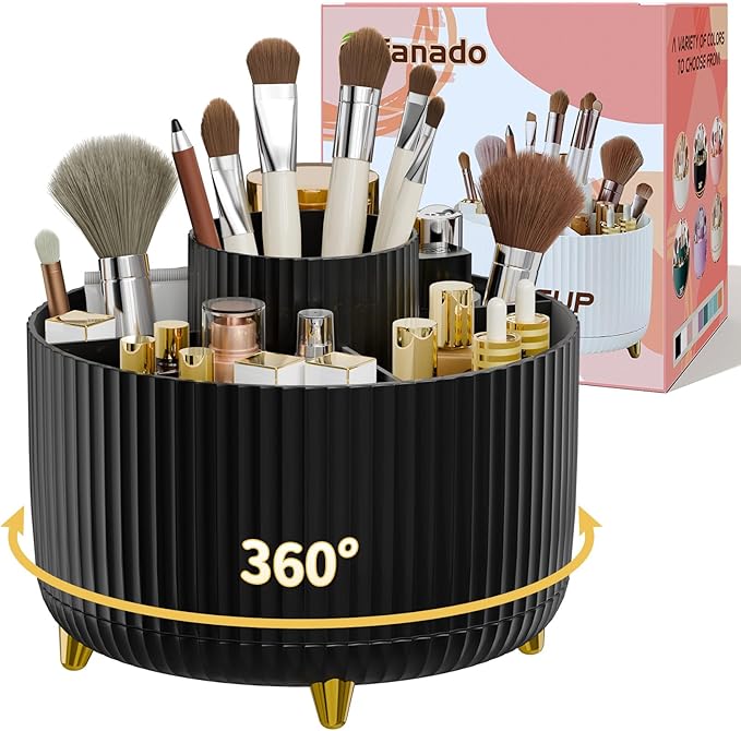 360Â° Rotate Makeup Brush Holder Organizer, Makeup Organizers Countertop, Makeup organization and Skincare Storage with Gift Box Packing for Vanity, Desktop, Bathroom (Black)