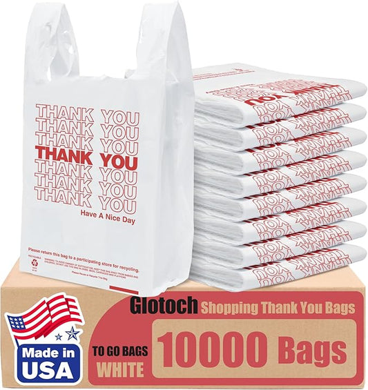 Glotoch 10000 (10K) Count Plastic Thank You Bags for Small Business in Bulk, 11.5 x 6.5 x 21" White Grocery Bag with Handles for Restaurant, Retail, Takeout, Convenience Stores, Shopping T-shirt bags