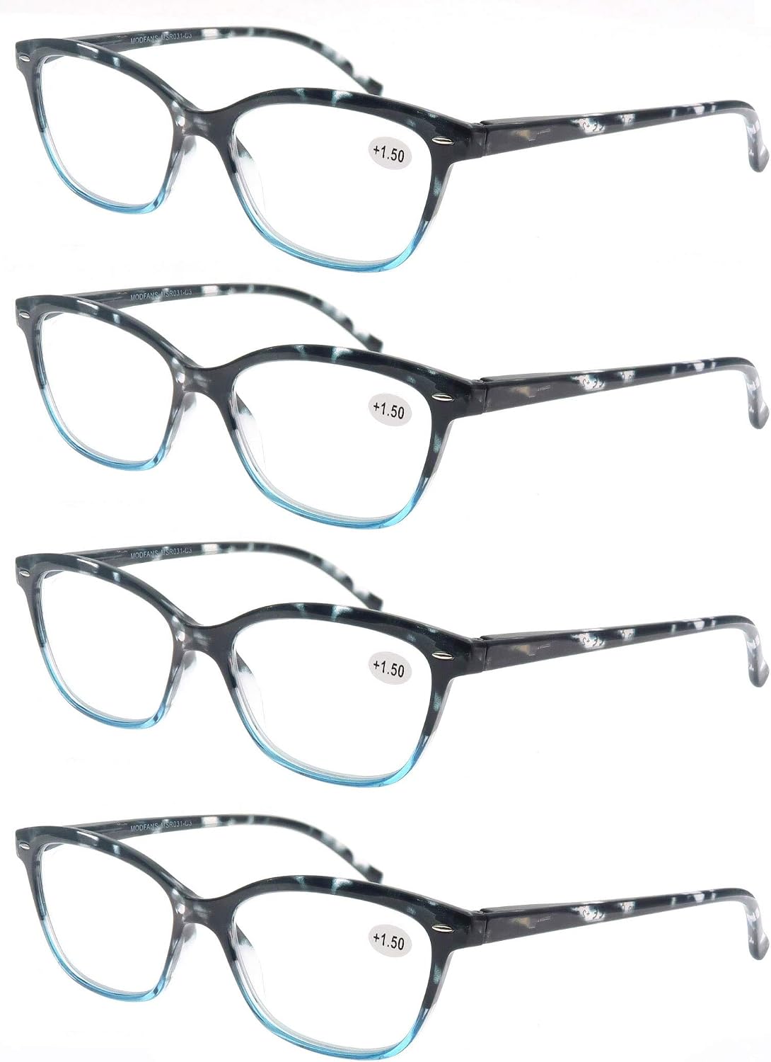Women Reading Glasses 2.0 4 Pair Stylish Ladies Readers with Comfort Spring Hinge Pattern Design Pouch Included Blue Demi