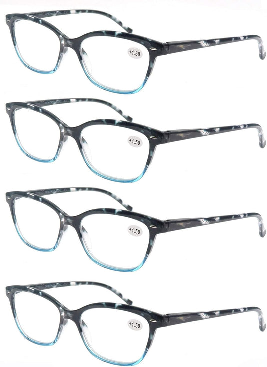 Women Reading Glasses 2.0 4 Pair Stylish Ladies Readers with Comfort Spring Hinge Pattern Design Pouch Included Blue Demi