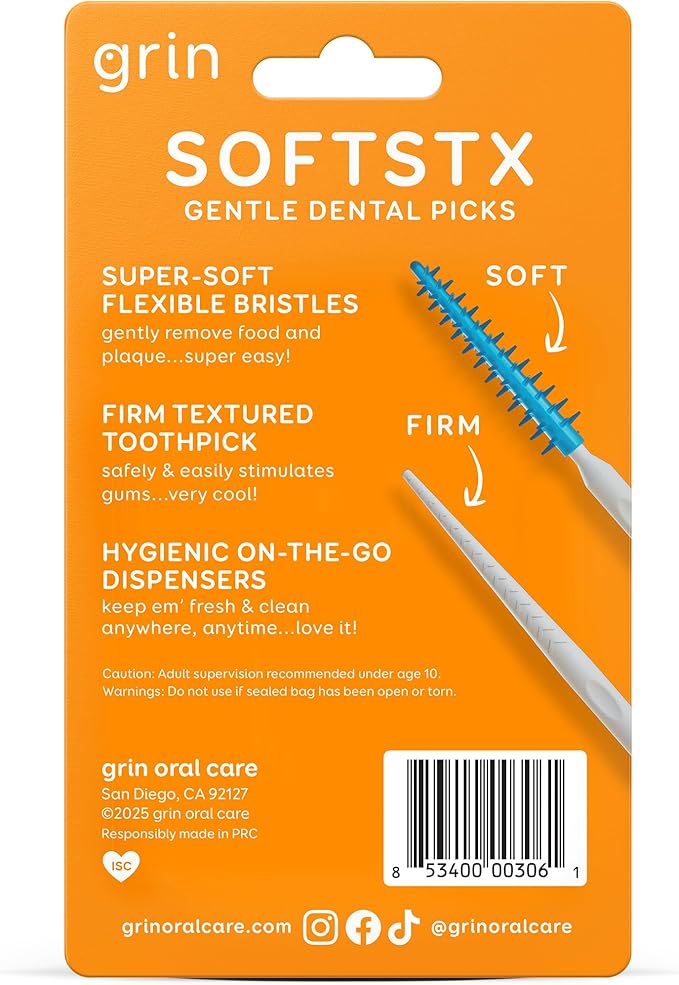 GRIN Softstx, Gentle Dental Picks, 90 Count, Soft Flexible Bristles, Textured Plaque Removing Toothpick, Minty Flavor, for Between Teeth, Refillable Hygienic Case, for Braces, Bridges, and Implants