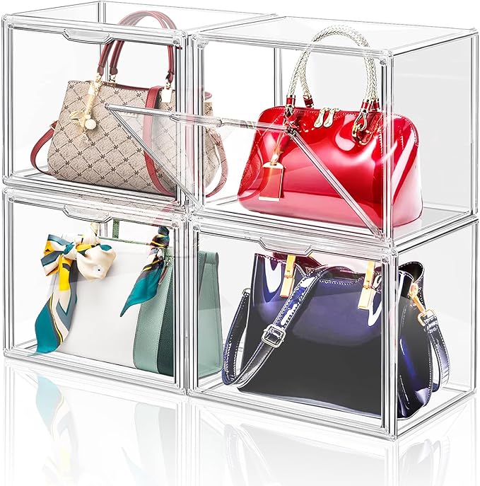 DILIBRA 4 Packs Clear Plastic Handbag Storage Organizer for Closet, Acrylic Display Case for Purse and Handbag, Stackable Storage Boxes Bag Organizer with Magnetic Door for Purse Clutch Wallet Hats